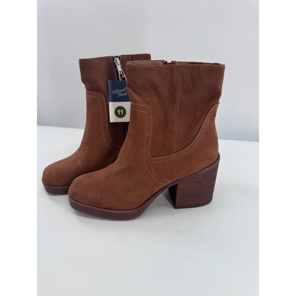Universal Thread Lilyan Ankle Boots Cognac Brown Faux Suede Heel Sz‎ 11 New